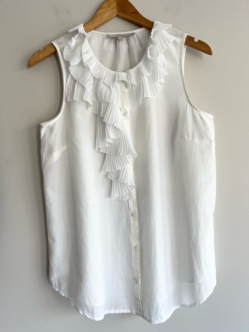 Ann Taylor Loft Silk Cotton White Ruffle Front Sleeveless Blouse Large